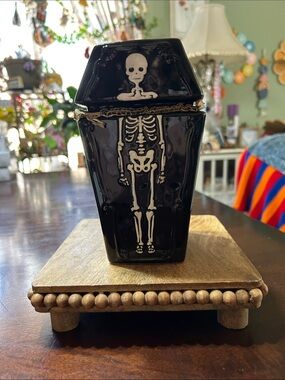 Ceramic Mini Coffin Treat Jar with Skeleton Graphic Way To Celebrate New In Box